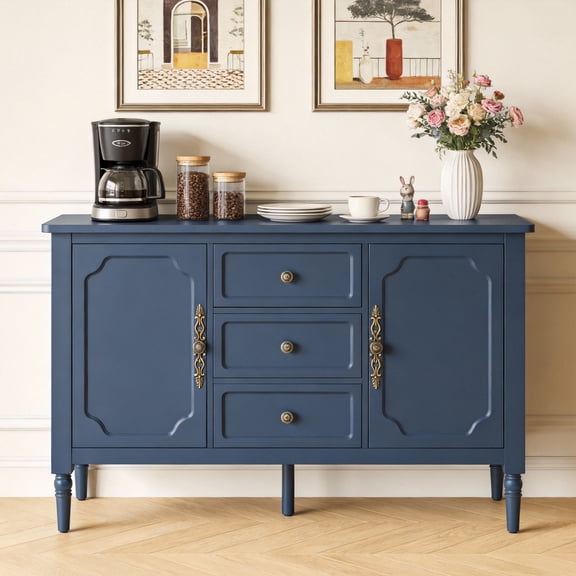 CozyHome Buffet Sideboard Cabinet with Adjustable Shelves, Wood Credenza for Living Room, Dining Room, Blue