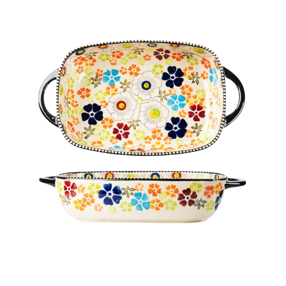 CozyHome Ceramic Bakeware Casserole Dish Baking Pan Lasagna Pans Baking Dish with Handles for Oven/Cooking/Kitchen-Retro Style Flowers-22 OZ