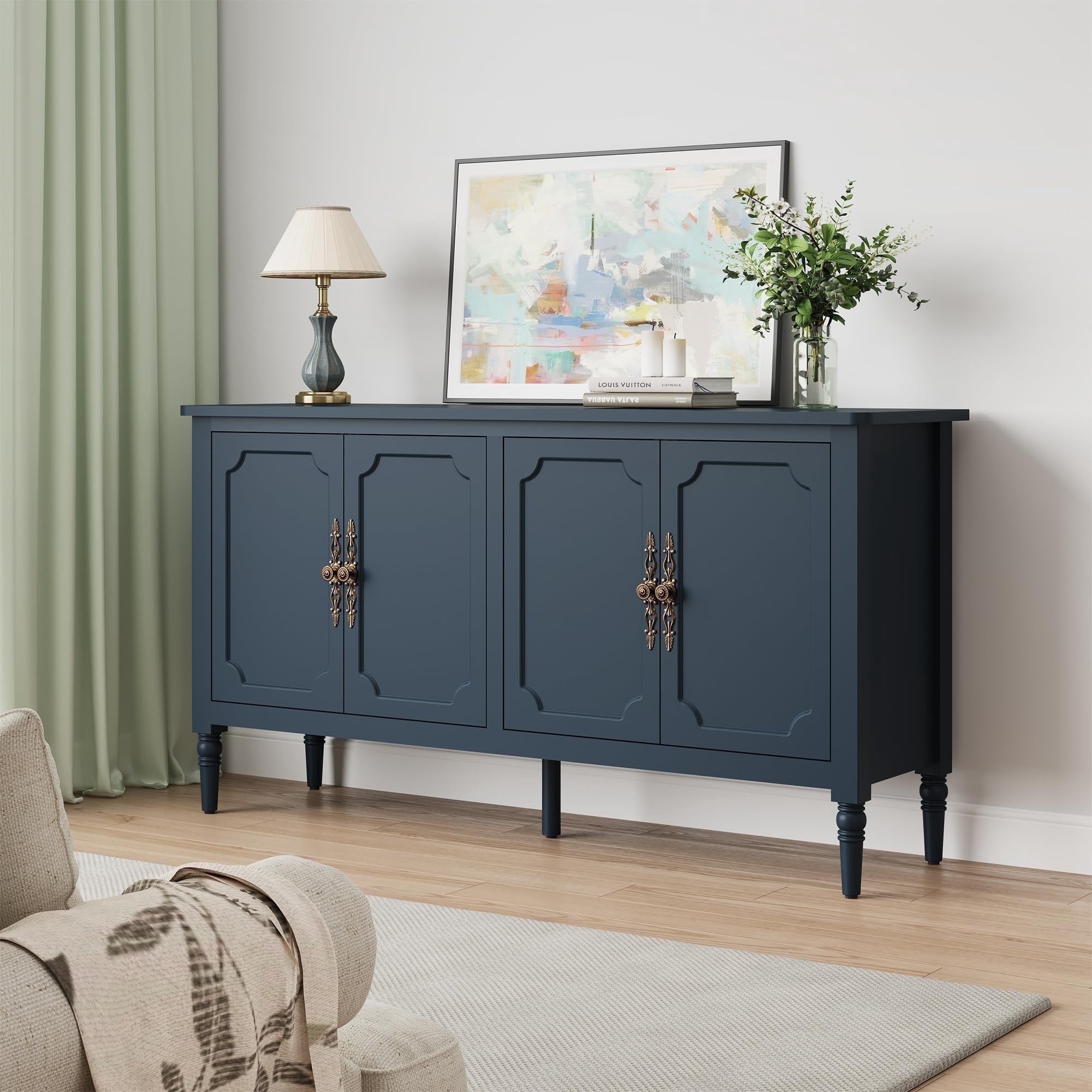 Cozy Home Mid Century Modern Accent Cabinet, 4-Door Blue Media Buffet