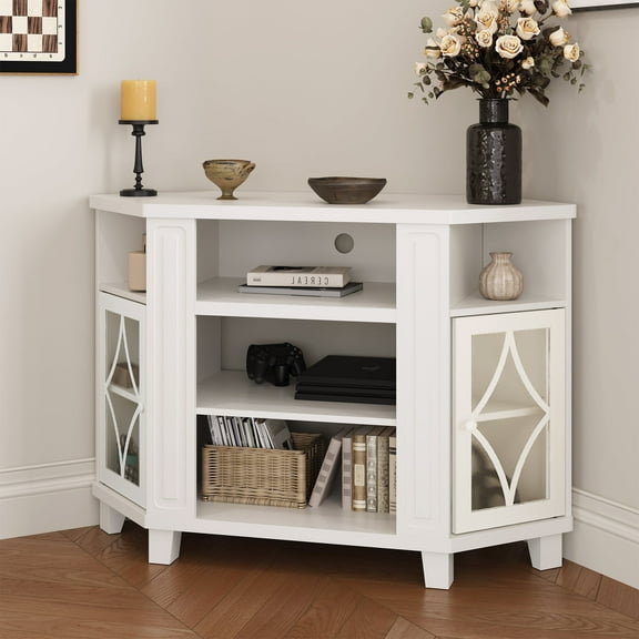 CozyHome Corner TV Stands, Wood Media Console Table with Adjustable Shelves & Acrylic Doors, Modern Entertainment Center for TVs up to 55", Corner Cabinet for Living Room, Bedroom, White