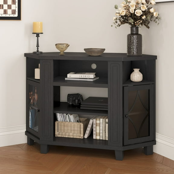 CozyHome Corner TV Stands, Wood Media Console Table with Adjustable Shelves & Acrylic Doors, Modern Entertainment Center for TVs up to 55", Corner Cabinet for Living Room, Bedroom, Black