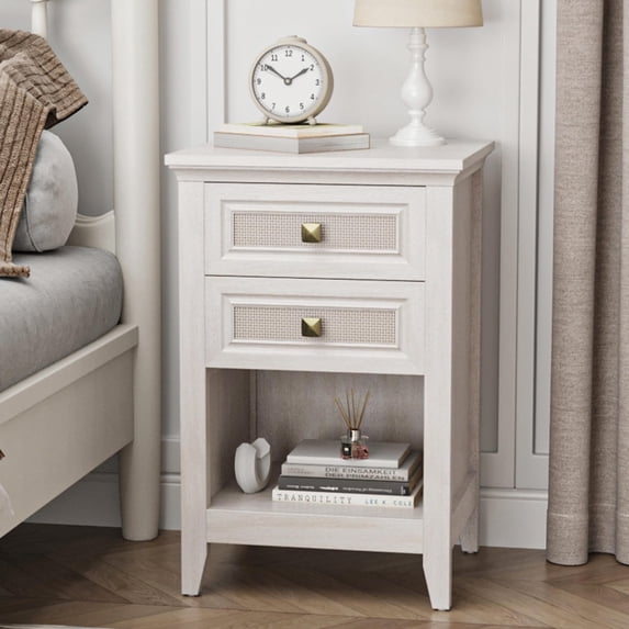 CozyHome Farmhouse Nightstand, Boho Bedside Table with 2 Rattan Decor Drawers, Accent End Table with Open Storage Shelf, for Bedroom, Living Room, Home Office, Grayish White
