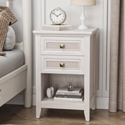 CozyHome Farmhouse Nightstand, Boho Bedside Table with 2 Rattan Decor Drawers, Accent End Table with Open Storage Shelf, for Bedroom, Living Room, Home Office, Grayish White