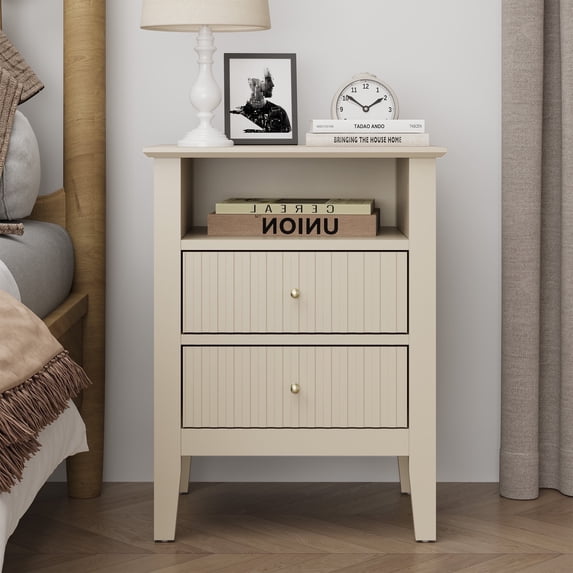 CozyHome Fluted Nightstand, Modern Side Table with 2 Drawers & Storage Shelf, Wood End Table for Living Room, Bedroom, Beige