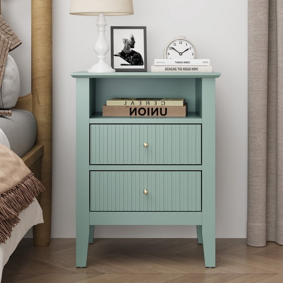 CozyHome Fluted Nightstand, Modern Side Table with 2 Drawers & Storage Shelf, Wood End Table for Living Room, Bedroom, Green