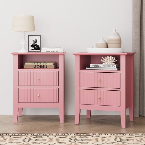 CozyHome Fluted Nightstand Set of 2, Modern Side Table with 2 Drawers & Storage Shelf, Wood End Table for Living Room, Bedroom, Pink