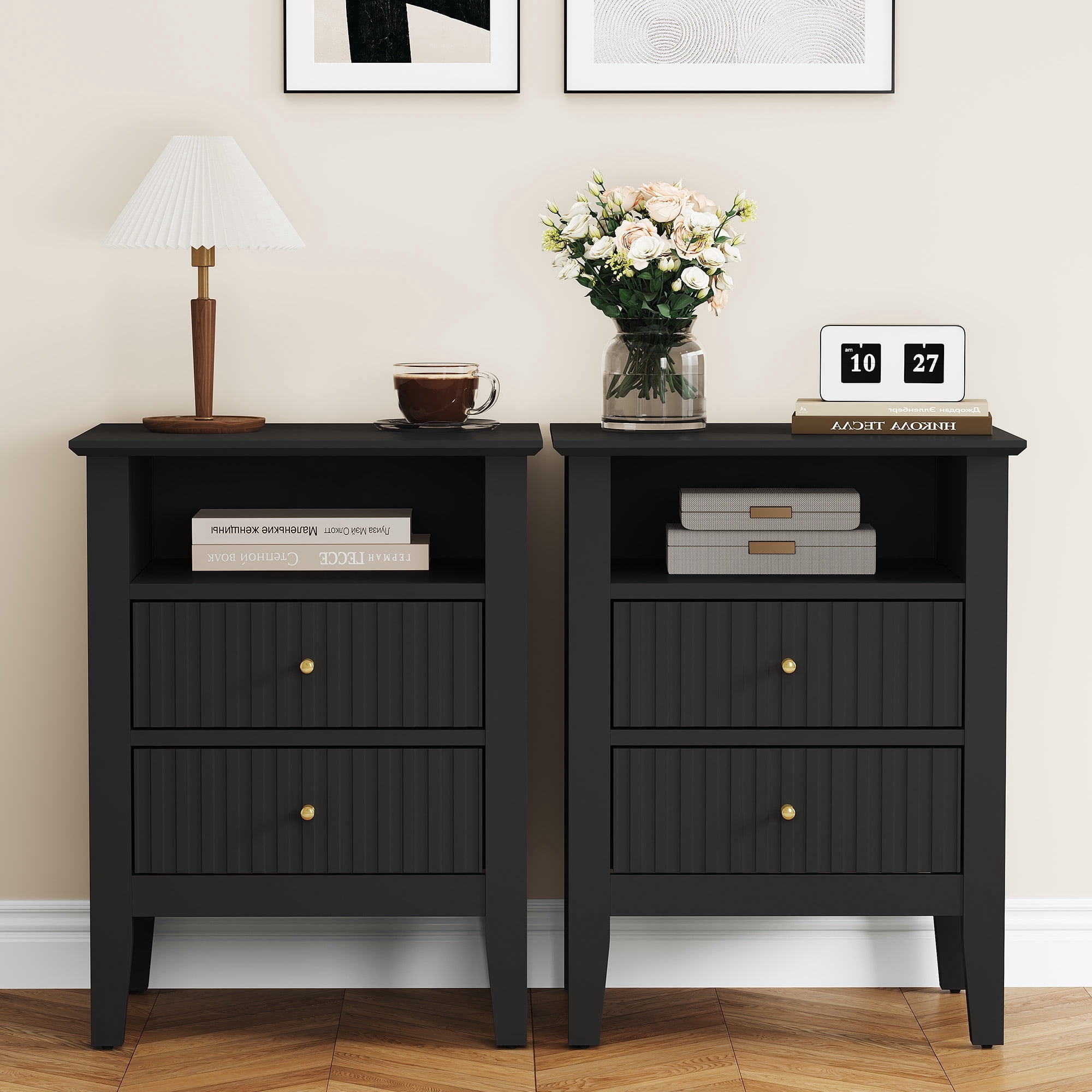 CozyHome Fluted Nightstand Set of 2, Modern Side Table with 2 Drawers and Storage Shelf, for Bedroom, Living Room, Black
