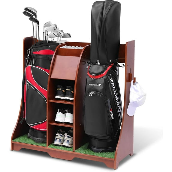 CozyHome Golf Bag Organizer, Premium Wooden Golf Storage Rack, Stylish Golf Bag Storage Rack, Golf Equipment Organizer for Garage, Holds 2 Golf Bags, Indoor Spaces and More (Red Brown)