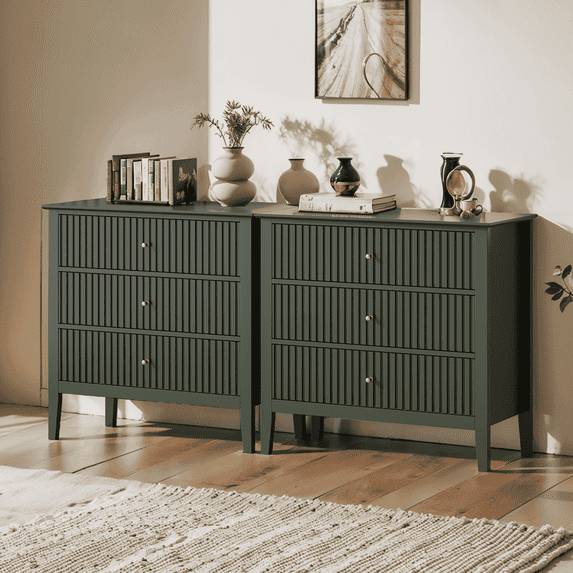 Cozy Home Green 3 Drawer Dresser Set of 2, Painted Tall Wood Nightstand with Storage, for Bedroom Hallway Living Room Entryway Office