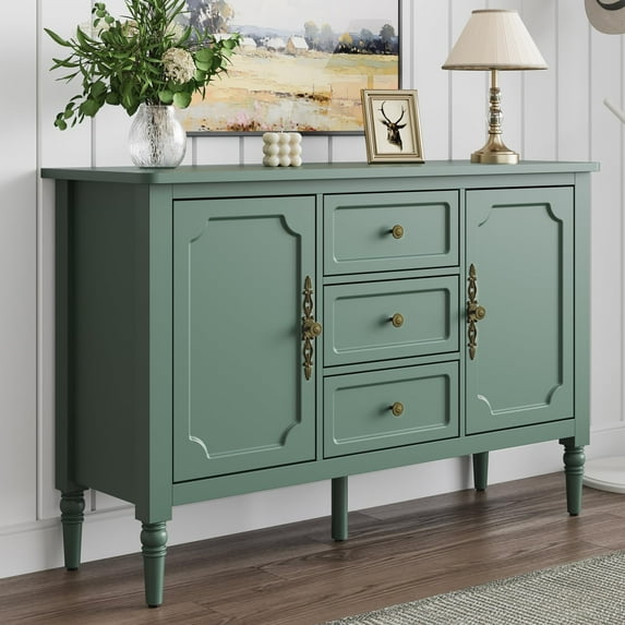 CozyHome Green Storage Cabinet, Mid-Century Buffet Cabinet with 2 Doors & 3 Drawers, Accent Sideboard Cabinet with Adjustable Shelves & Turned Legs, Great for Entryway, Living Room, Dining Room