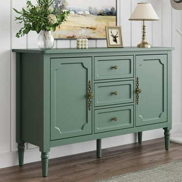 CozyHome Green Storage Cabinet, Mid-Century Buffet Cabinet with 2 Doors & 3 Drawers, Accent Sideboard Cabinet with Adjustable Shelves & Turned Legs, Great for Entryway, Living Room, Dining Room