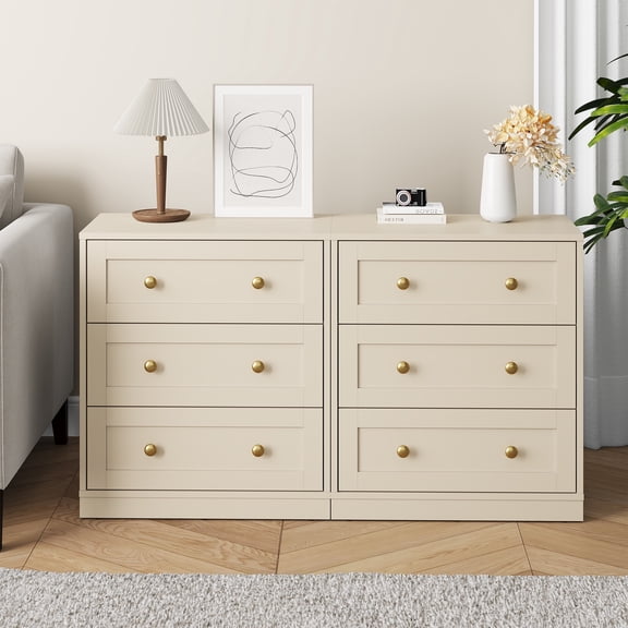 CozyHome Large Nighstand, Set of 2, Wood Night Stand with 3 Drawers, Wood Side Table with Golden Round Knobs, Modern End Table Chest of Drawers for Bedroom, Living Room, Hallway, Closet, Beige