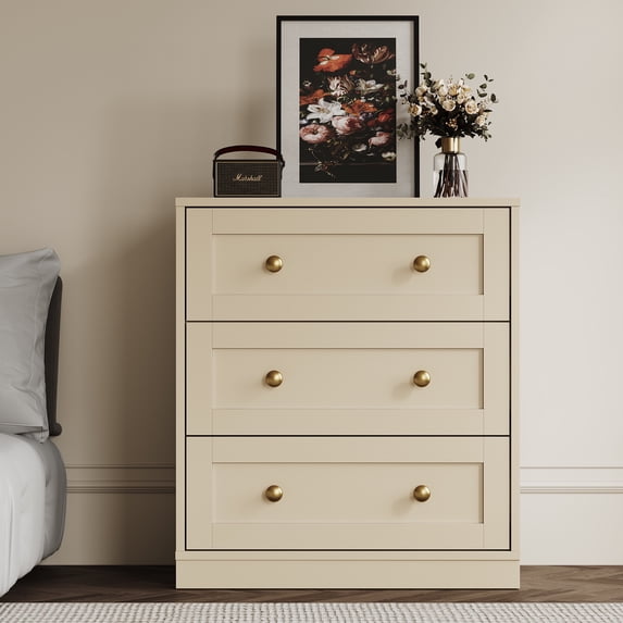 CozyHome Large Nighstand, Wood Night Stand with 3 Drawers, Wood Side Table with Golden Round Knobs, Modern End Table Chest of Drawers for Bedroom, Living Room, Hallway, Closet, Beige