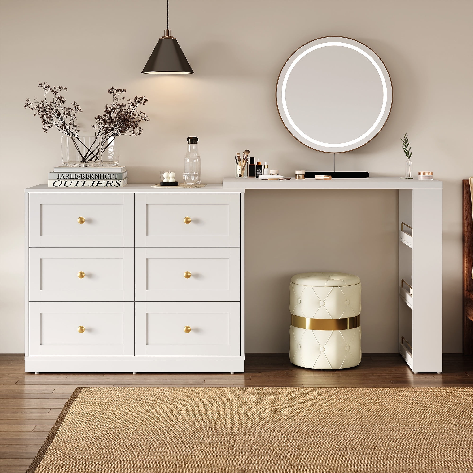 Cozy Home Makeup Vanity Desk With 6 Drawers, Corner Vanity Table with 3 Shelves - White