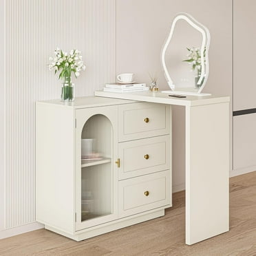 CozyHome Makeup Vanity Desk, Extendable Corner Vanity Makeup Table with 3 Drawers & 1 Door, Modern Dressing Table for Bedroom, Vanities for Women/Girls Bedroom (without Mirror)