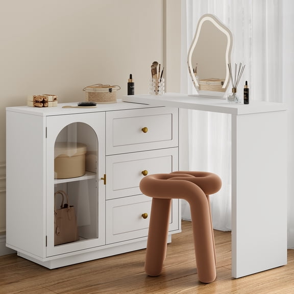 Cozy Home Large Extendable Makeup Vanity Desk with 3 Drawers & 1 Door, Modern Dressing Table for Bedroom (without Mirror), White