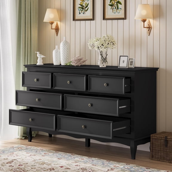 CozyHome Modern 7 Drawer Dresser with Solid Wood Legs and Painted Finish, Dresser for Bedroom, Black Chest of Drawers, Wooden Storage Closet Cabinet Organizer for Living Room, Hallway
