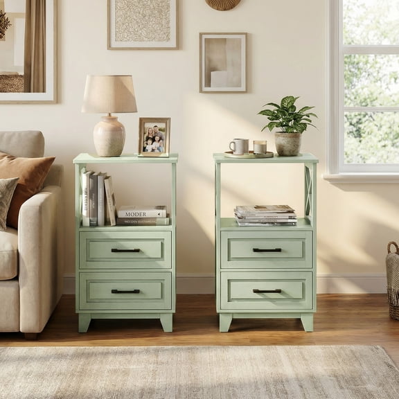 CozyHome Modern Nightstand Set of 2 with 2 Drawers and Open Shelf Above, Wood Painted Side Table for Bedroom, Living Room, Home Office