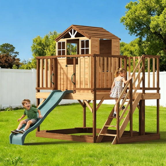 CozyHome: Natural Fir 9-in-1 Outdoor Playhouse - Backyard Slide & Sandbox Playhouse for Kids Ages 3-10 with Play Kitchen, Growth Chart & Safety Rails