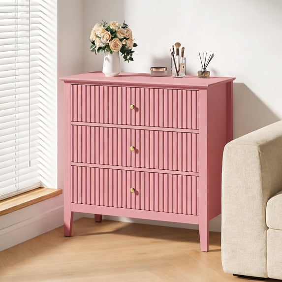 Cozy Home Pink 3 Drawer Dresser, Painted Tall Wood Nightstand with Storage, for Bedroom Hallway Living Room Entryway Office