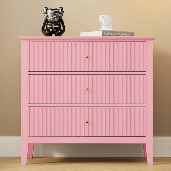 CozyHome Pink 3 Drawer Dresser, Painted 30 Inch Tall Wood Nightstand with Storage, Wide Modern Chest of Drawers with Ball Bearing Slide for Bedroom Hallway Living Room Entryway Office