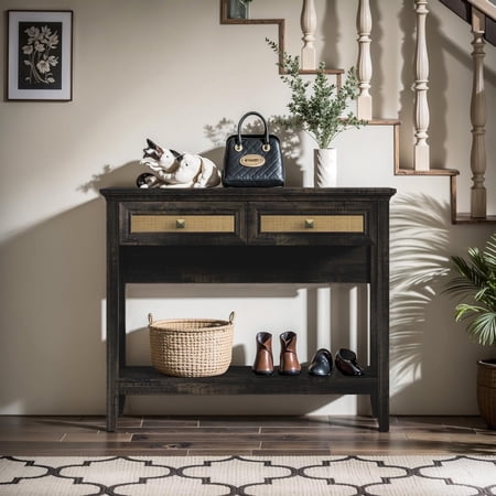 CozyHome Rattan Console Table, Boho Entryway Table with 2 Drawers and Storage Shelf, Long Wood Sofa Table for Living Room, Entryway, Hallway, Grey