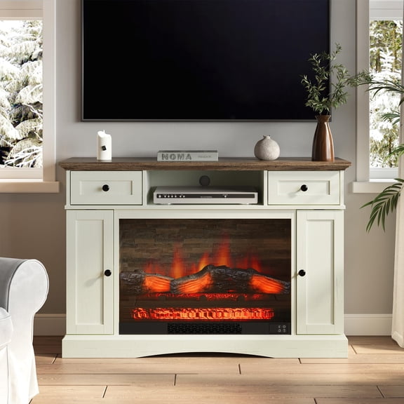 CozyHome TV Stands with 28'' Electric Fireplace, Media Console Table with Adjustable Shelves & Double-door, Entertainment Center for TVs up to 55'' for Living Room, White and Rustic Oak