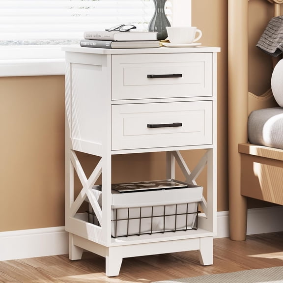 CozyHome Tall Nightstand Set of 1, Side Table with 2 Drawers and Open Shelf Below, Bedside Table with Solid Feet, Modern Night Stand End Table for Bedroom, Living Room, Home Office, White