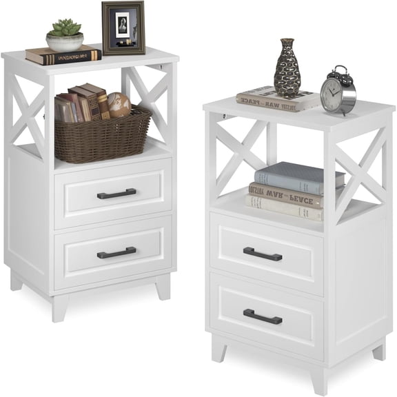 Cozy Home Tall Nightstand with 2 Drawers and Open Shelf, 2 Piece, White
