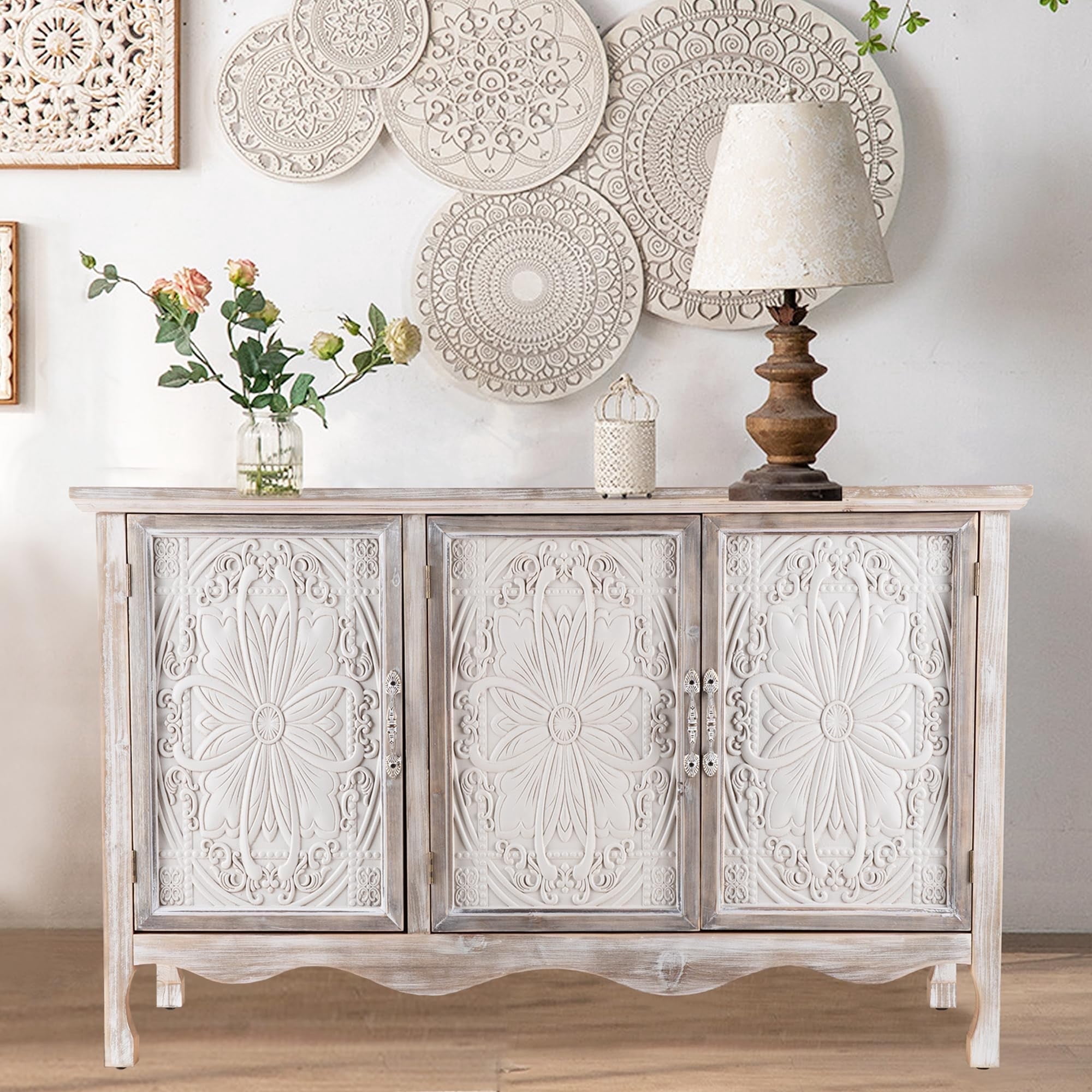 Cozy Home Sideboard Buffet Cabinet with 3 Carved Doors and Shelves, Vintage Style, Gray
