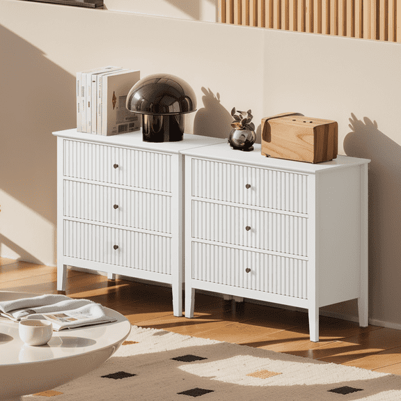 CozyHome White 3 Drawer Dresser Set of 2, Painted 30 Inch Tall Wood Nightstand with Storage, Wide Modern Chest of Drawers with Ball Bearing Slide for Bedroom Hallway Living Room Entryway Office