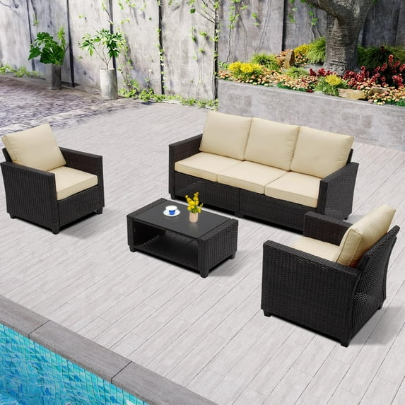 CozyHomet 4 Piece Outdoor Patio Furniture Set, All-Weather Rattan Wicker Sectional Sofa Set with Glass Coffee Table, Outdoor Conversation Set for Balcony Backyard Porch, Beige Cushion