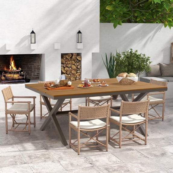 CozyHomet Outdoor Dining Table for 6, 59" x 35" Rectangular Patio Dining Table, Aluminum Outdoor Table with Adjustable Foot Pads, Patio Furniture for Garden, Backyard, Poolside, or Indoor, Natural
