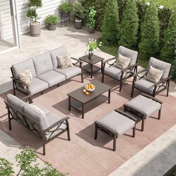 CozyHomet Outdoor Patio Furniture Set, 8 Piece Patio Conversation Set with Coffee Table Side Table and Ottomans, Metal Furniture Set for Porch Backyard Garden, Grey