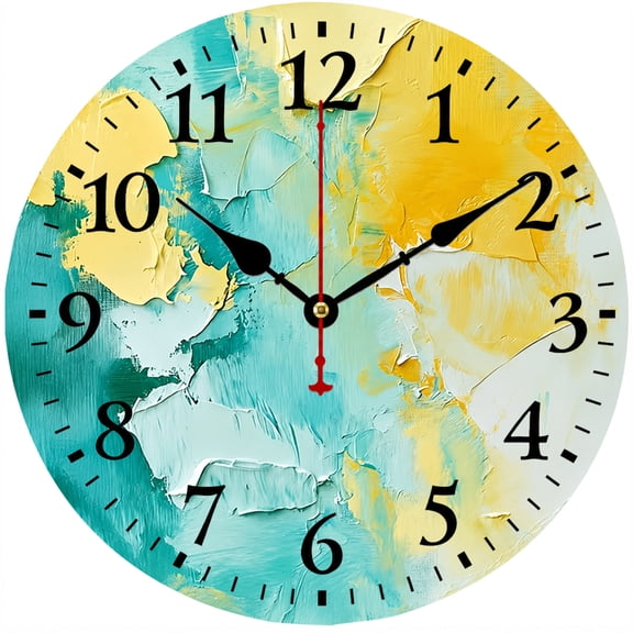 CozyHour 9.84 Inch Abstract Teal and Yellow Wall Clock, Modern Art Round Analog Clock with Large Numbers for Living Room, Bedroom, Office, Kitchen