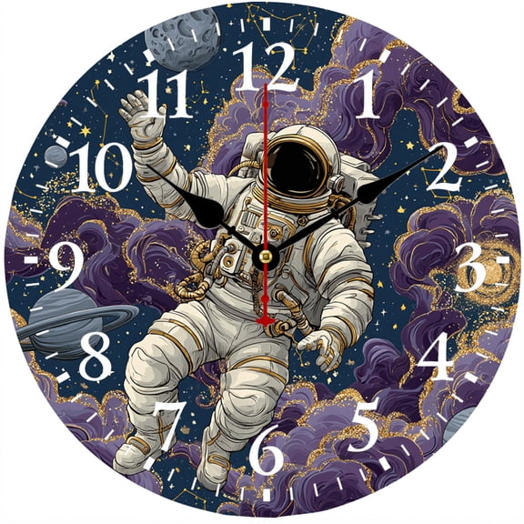 CozyHour 9.84 Inch Astronaut Wall Clock, Space Galaxy Decorative Clock, Battery Operated Round Analog Clock with Easy to Read Numbers, Cosmic Universe Decor for Kids Room Bedroom Office Classroom