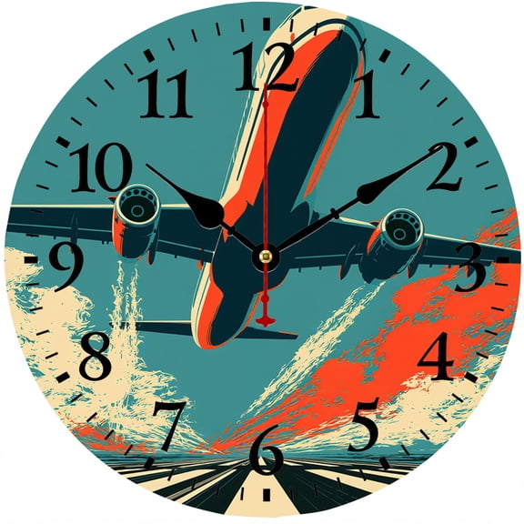 CozyHour 9.84 Inch Aviation Wall Clock, Airplane Runway Flight Artwork Clock, Battery Operated Round Analog Clock with Easy to Read Numbers, Pilot Travel Decor for Living Room Bedroom Office