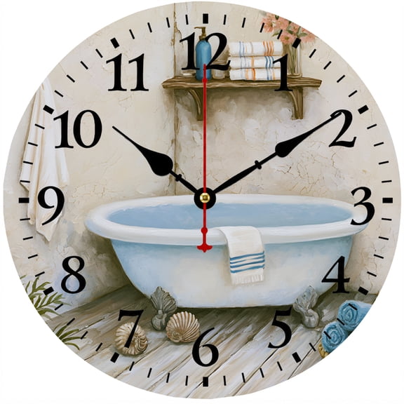 CozyHour 9.84 Inch Bathroom Wall Clock, Vintage Blue Bathtub Quiet Non-Ticking Round Analog Clock for Bathroom, Laundry Room, Bedroom Decor