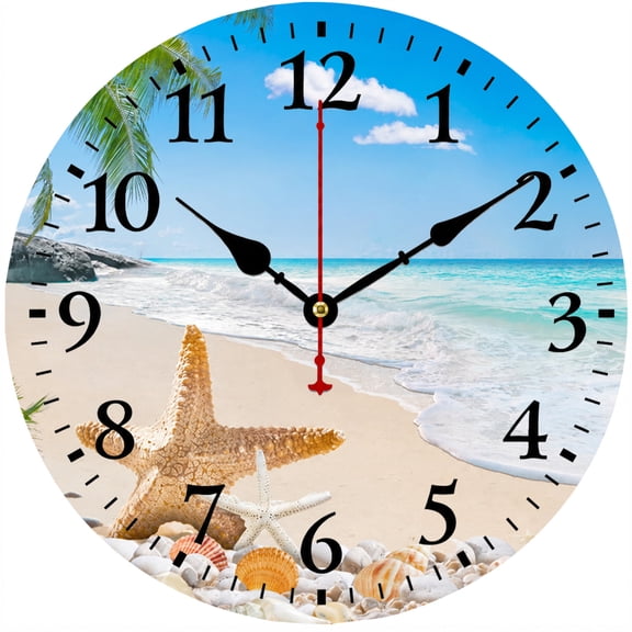 CozyHour 9.84 Inch Beach Wall Clock, Coastal Ocean Theme Round Decorative Clock with Starfish and Seashell Design, Easy to Read Analog Wall Clock for Living Room Bedroom Office Home Decor