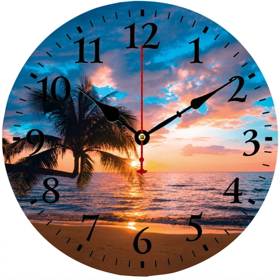 CozyHour 9.84 Inch Beach Wall Clock, Round Ocean Sunset Wall Clock with Palm Tree Design, Coastal Decorative Analog Clock for Living Room Bedroom Office Home Decor