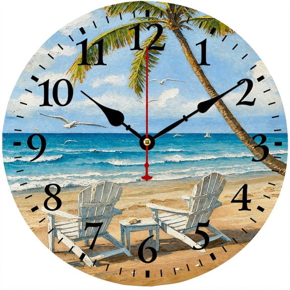 CozyHour 9.84 Inch Beach Wall Clock, Tropical Ocean Palm Tree Coastal Decor, Easy to Read Analog Clock for Living Room, Bedroom, Kitchen and Office