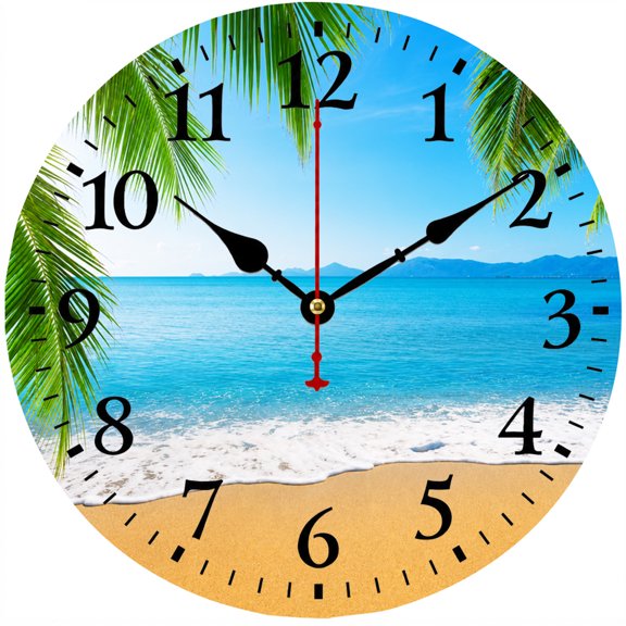 CozyHour 9.84 Inch Beach Wall Clock, Tropical Ocean Round Wall Clock with Palm Tree and Seaside Design, Easy Read Analog Clock for Living Room Bedroom Office Home Decor