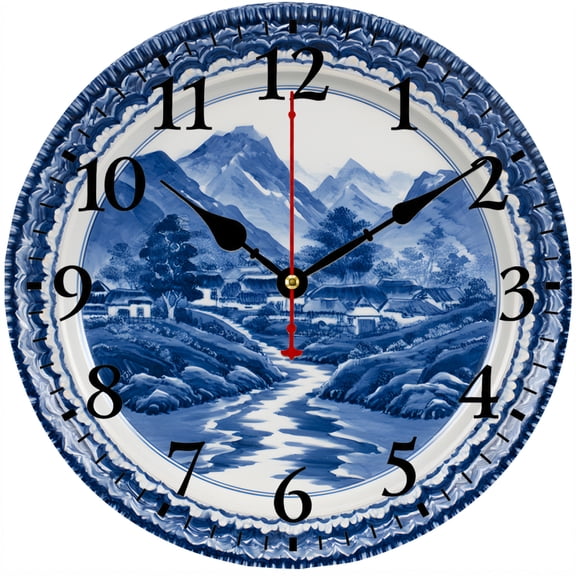 CozyHour 9.84 Inch Blue and White Wall Clock, Mountain Landscape Decorative Analog Clock, Chinoiserie Style Decor for Living Room Bedroom Office