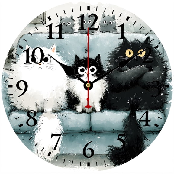 CozyHour 9.84 Inch Cat Wall Clock, Cute Black and White Kitty Round Analog Clock, Decorative Easy-to-Read Clock for Bedroom Kitchen Living Room