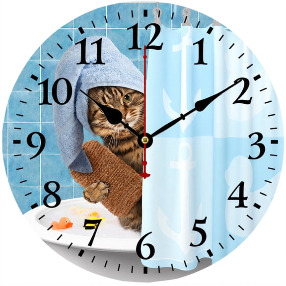 CozyHour 9.84 Inch Cat Wall Clock, Cute Kitten Bathroom Decor Clock, Round Analog Quartz Decorative Clock for Bedroom Living Room Kitchen Home Office, Animal Lover Gift