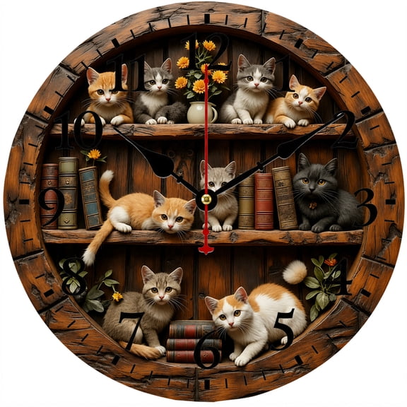 CozyHour 9.84 Inch Cat Wall Clock, Rustic Kitten Bookshelf Design, Decorative Analog Clock for Living Room, Bedroom, Kitchen and Office
