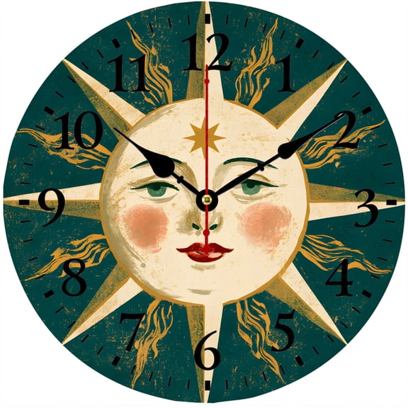 CozyHour 9.84 Inch Celestial Sun Face Wall Clock, Vintage Boho Round Analog Clock, Teal Mystical Wall Decor for Living Room Bedroom Kitchen Office