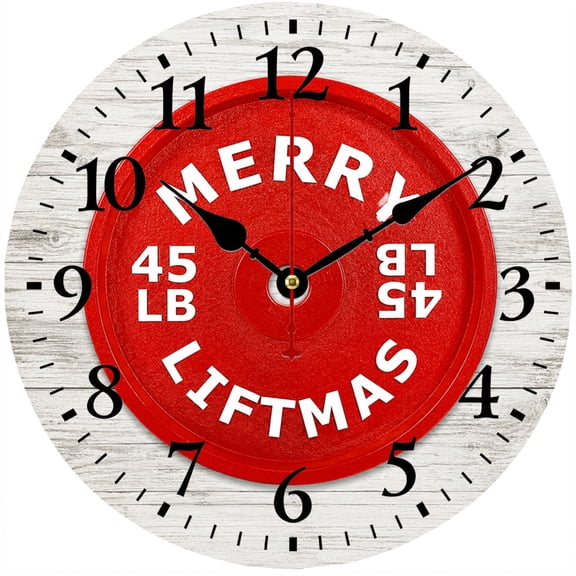 CozyHour 9.84 Inch Christmas Wall Clock, Merry Liftmas Weightlifting Fitness Gym Decor, Red 45 LB Weight Plate Round Analog Clock for Home Gym, Bedroom, Office