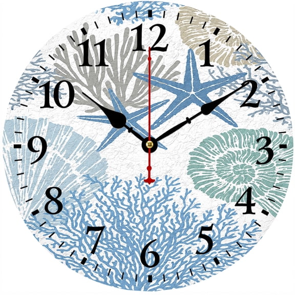 CozyHour 9.84 Inch Coastal Wall Clock, Starfish Coral Seashell Ocean Theme Round Analog Clock for Bathroom, Bedroom, Kitchen and Beach House