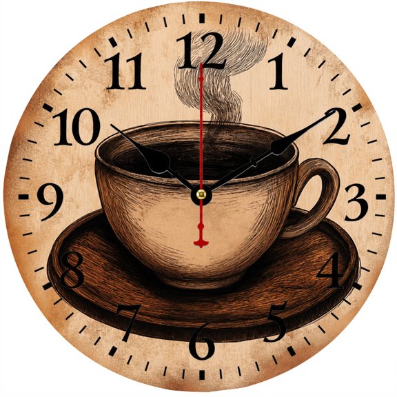 CozyHour 9.84 Inch Coffee Cup Wall Clock, Vintage Rustic Analog Kitchen Clock with Large Numbers, Battery Operated Decor for Coffee Bar, Cafe, Dining Room